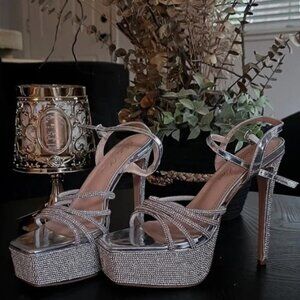 Rhinestone accents/Ankle Strap Square-Toe High Heels ( Silver )